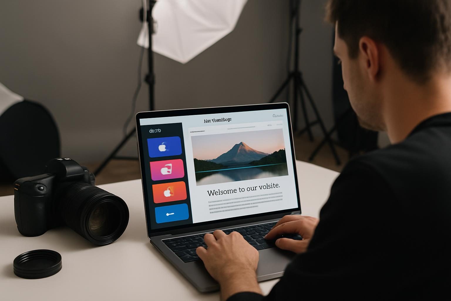 A photographer using a laptop with AI website builder tools