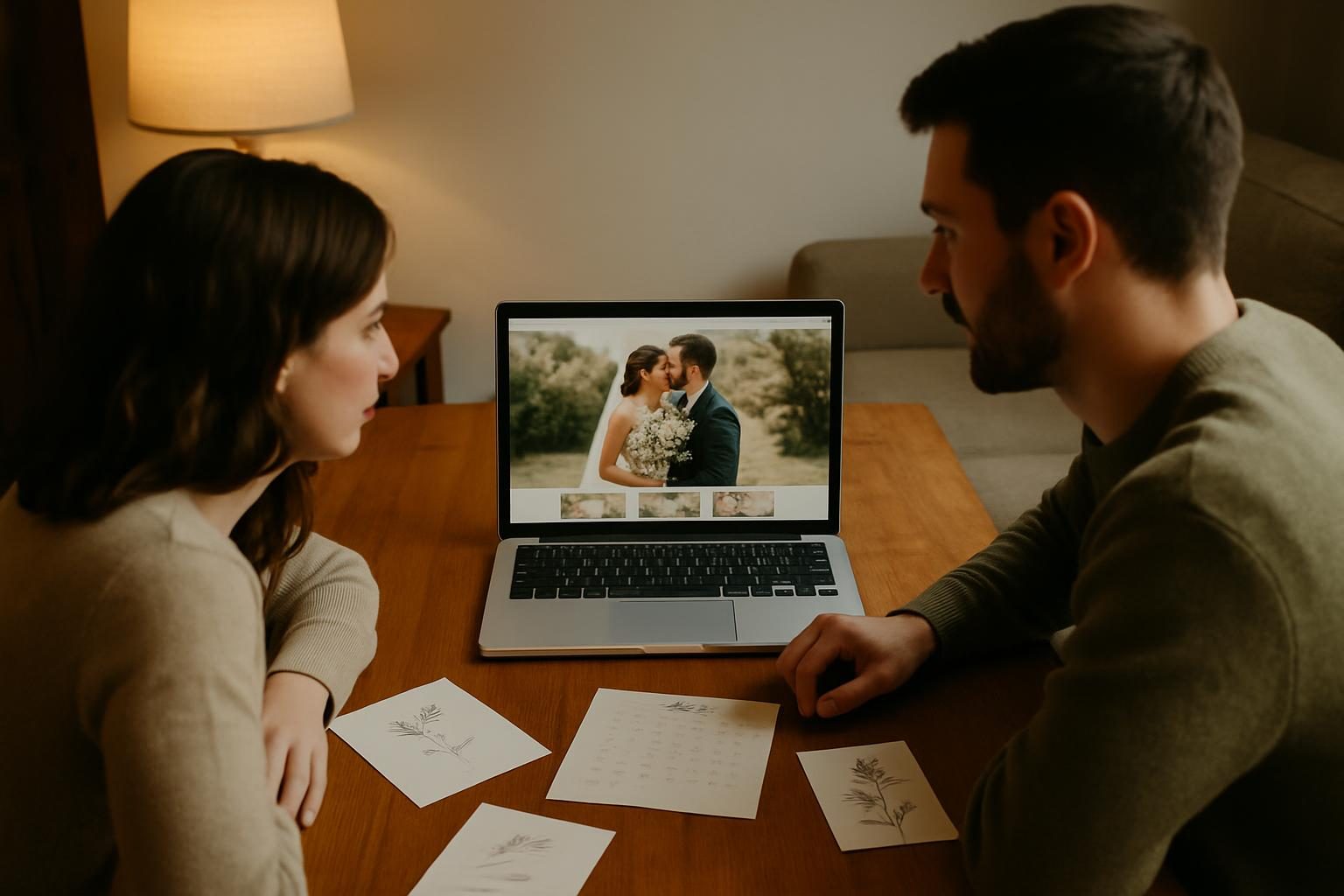 A couple viewing a wedding website on a laptop