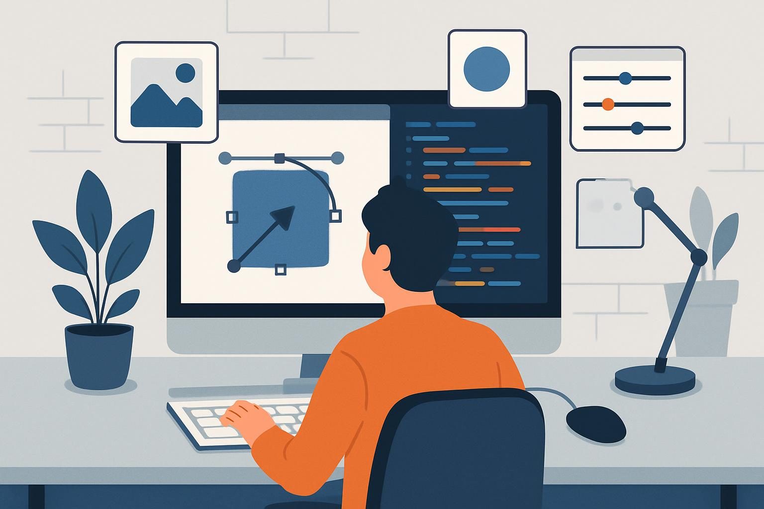 Illustration of a person using a computer to build a website