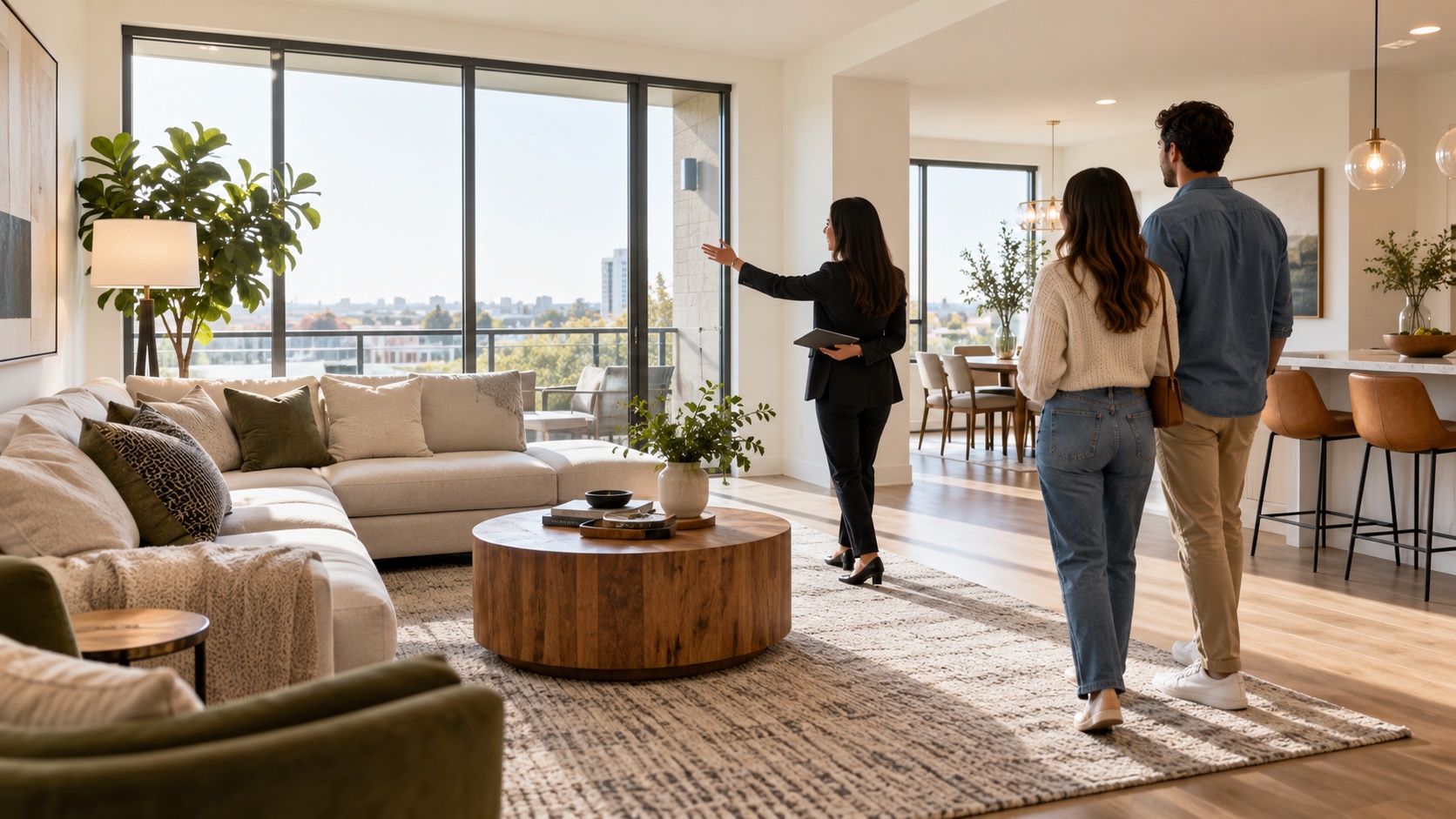 Leasing specialist showing a bright modern apartment to prospective residents