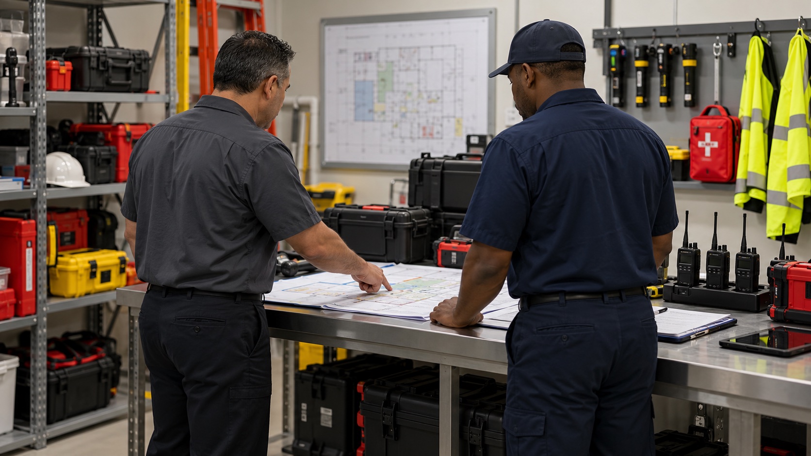 Maintenance response team reviewing an emergency plan for an apartment building