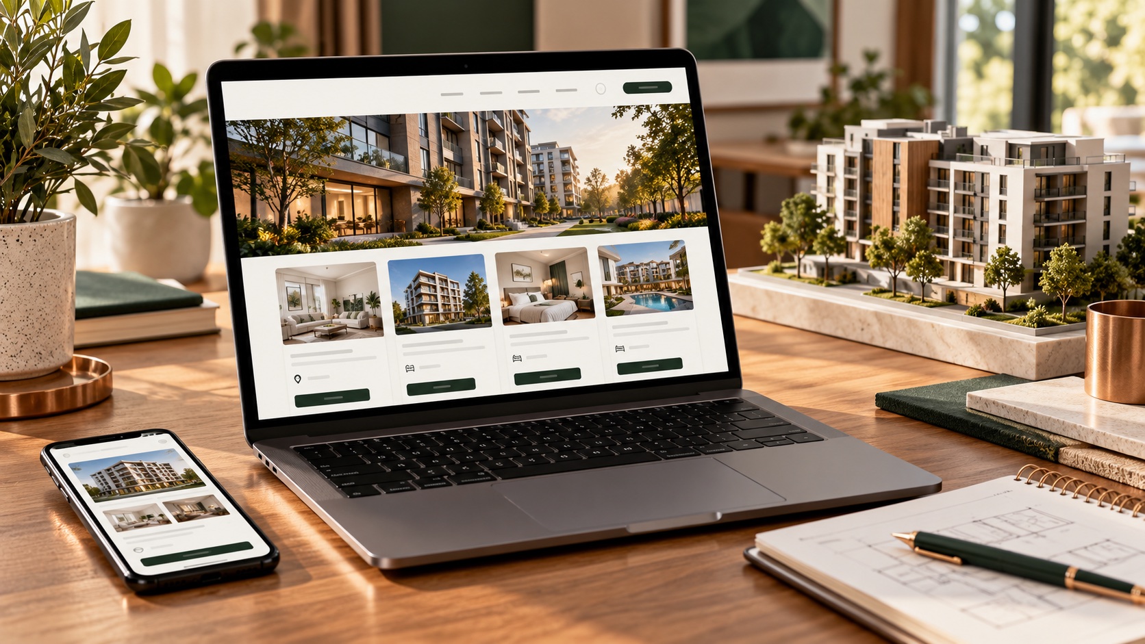 Modern property management website displayed on a laptop beside leasing notes