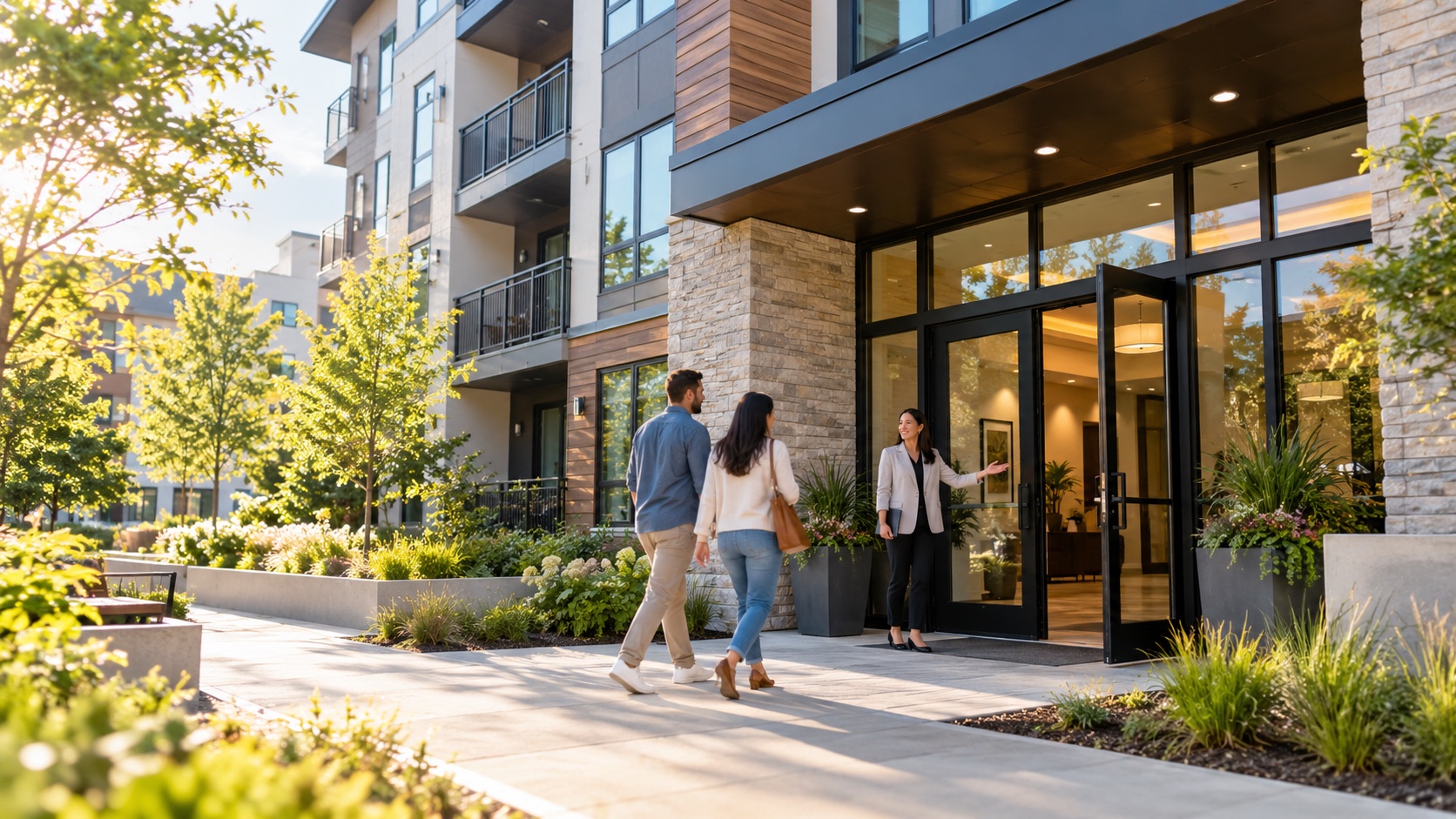 Leasing professional welcoming prospective residents at a modern apartment community
