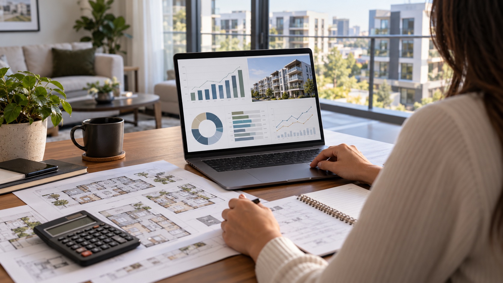 Property manager comparing rental pricing and occupancy data on a laptop
