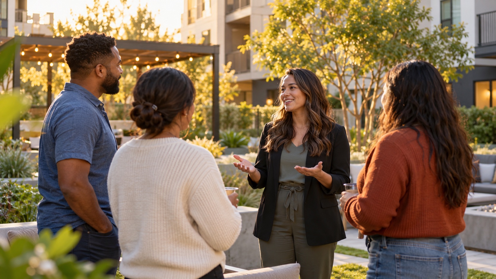 Residents talking with a community manager in a welcoming apartment courtyard