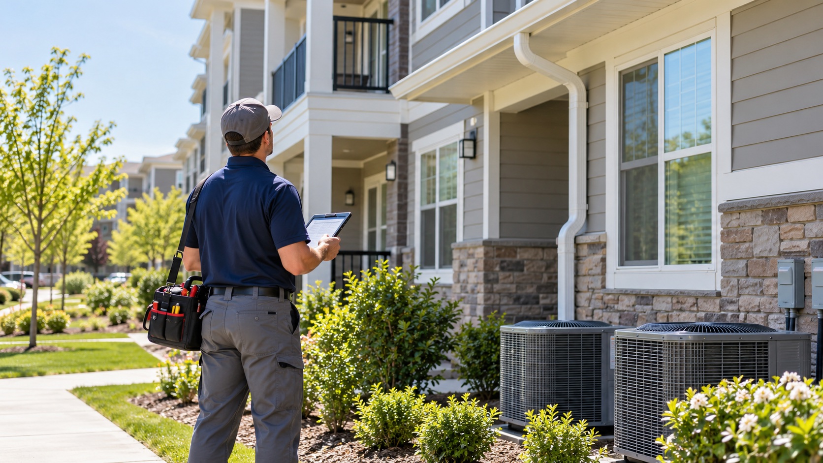 Property maintenance professional inspecting a well-kept apartment building
