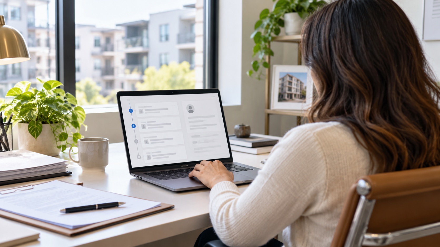 Property manager reviewing a rental application in a bright professional office