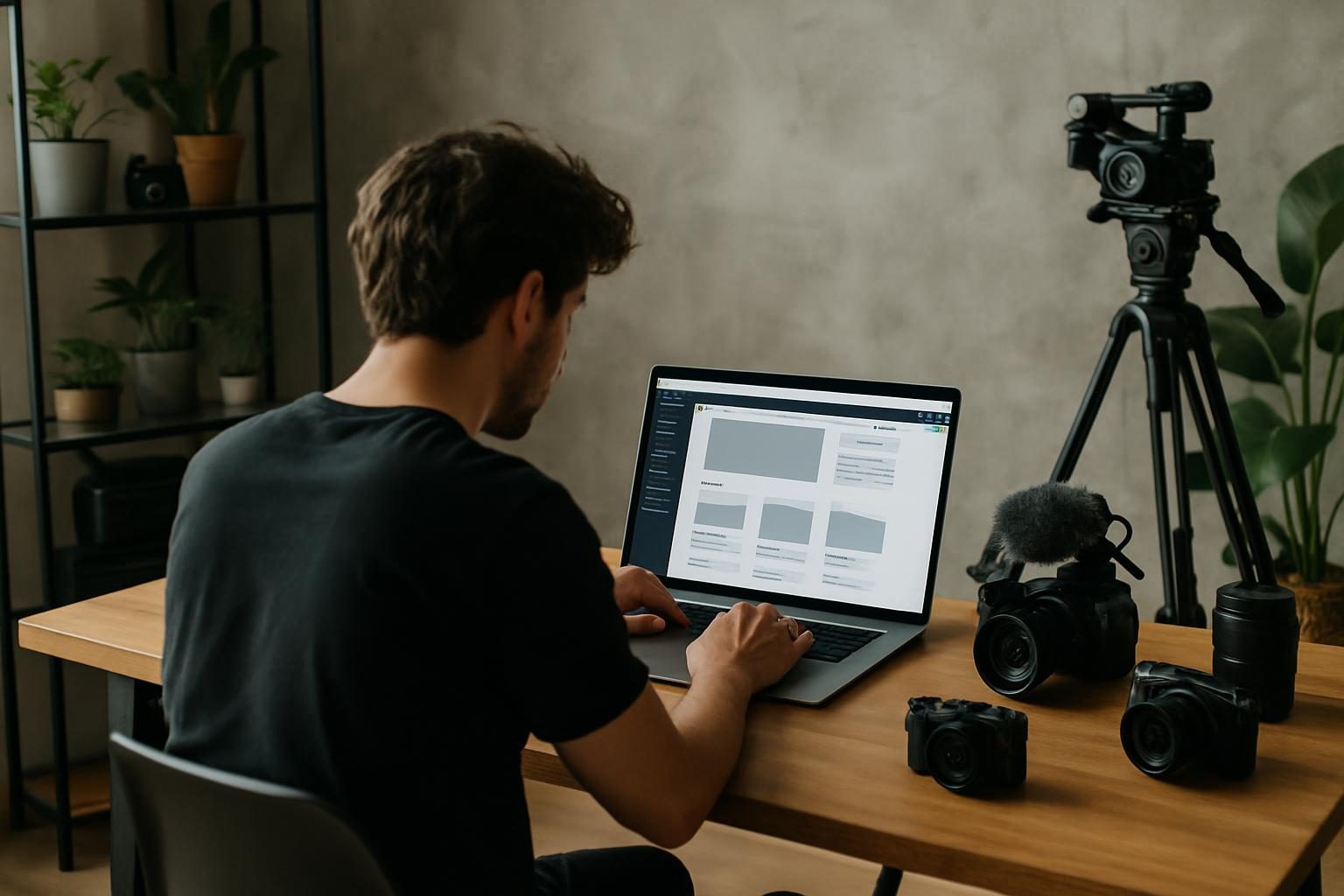A videographer editing a website on a laptop