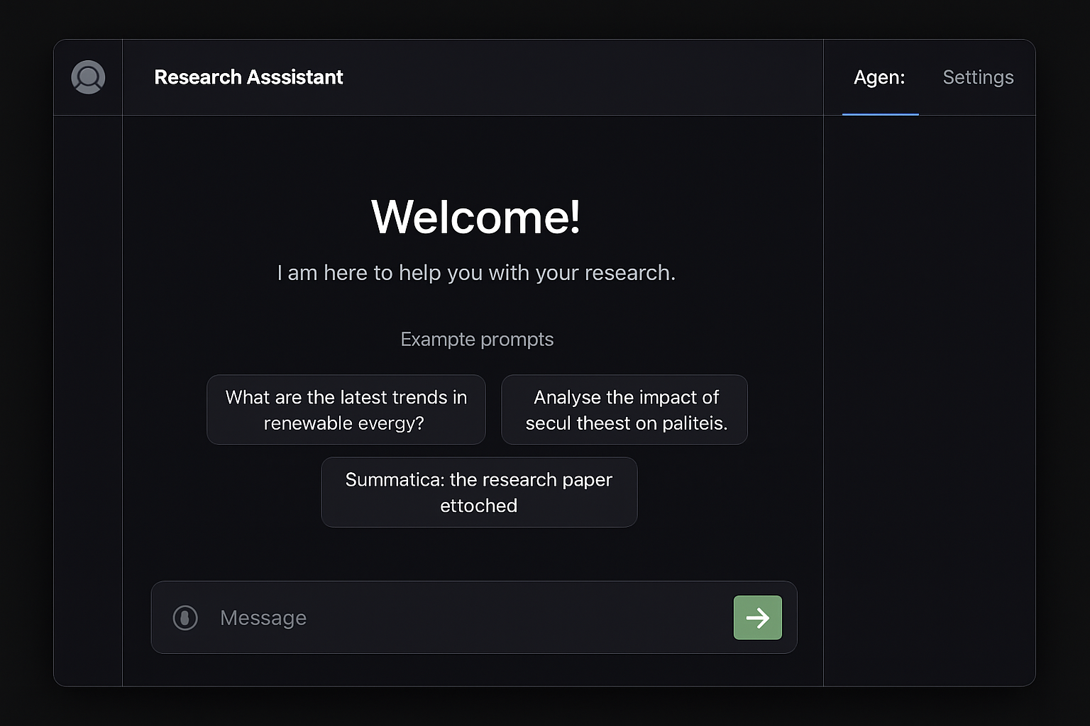 Agent workspace — chat column plus Agent / Settings rail