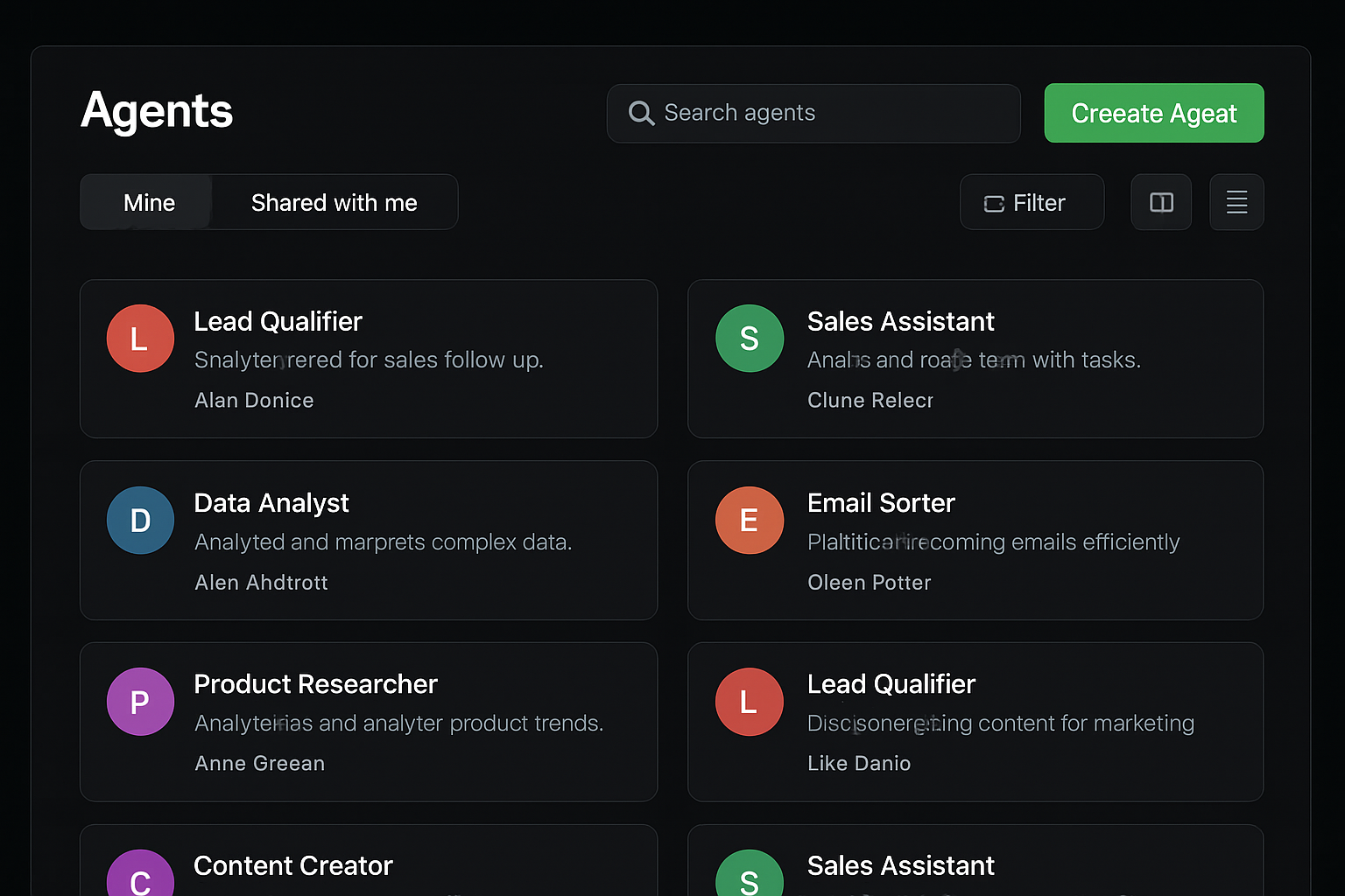 Volnyn Agents gallery — Mine, Shared with me, search, and Create Agent