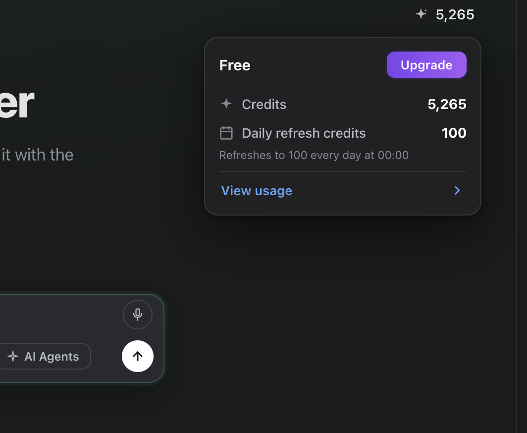 Credits pill and daily refresh popover in Volnyn chat