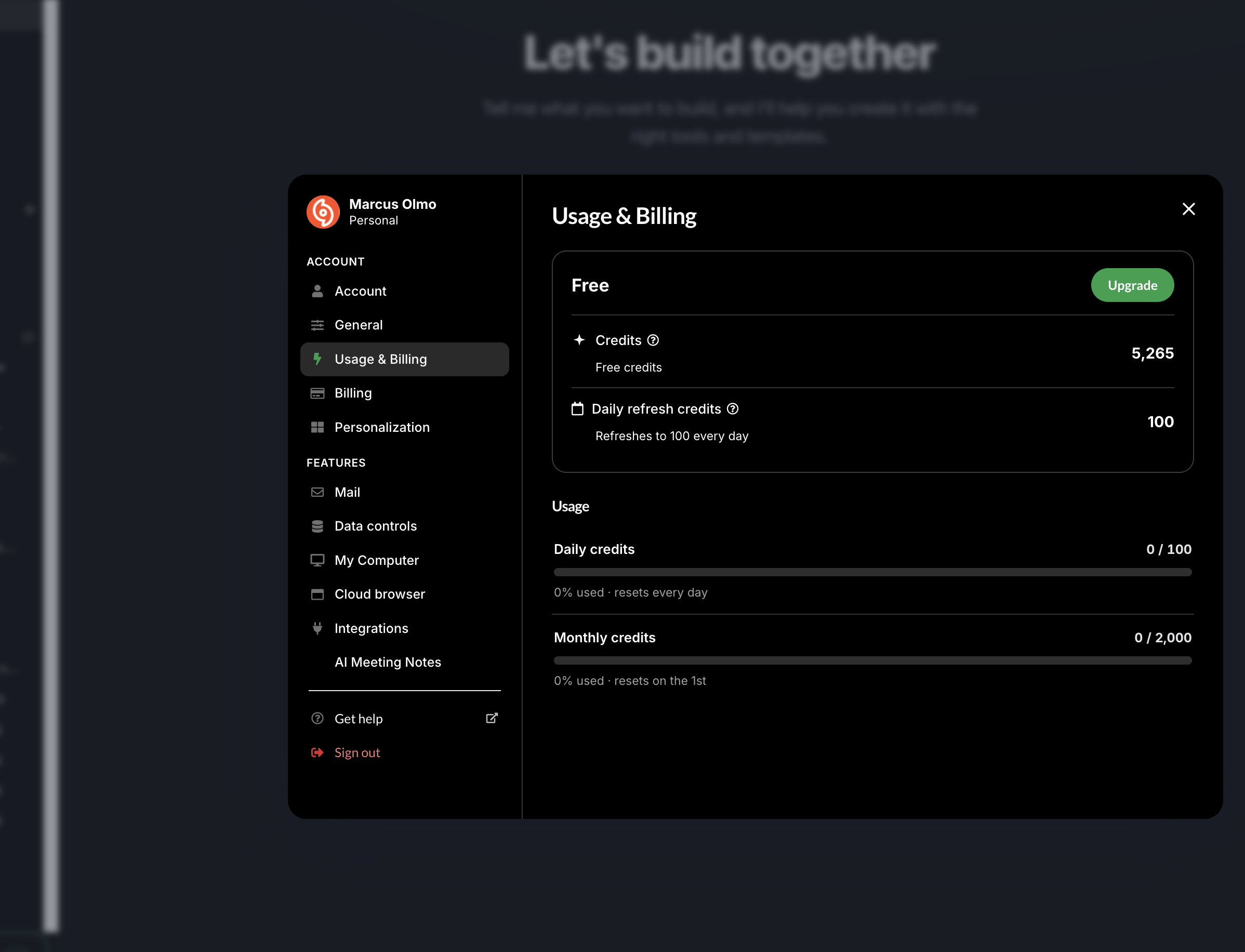 Usage & Billing showing daily refresh credits