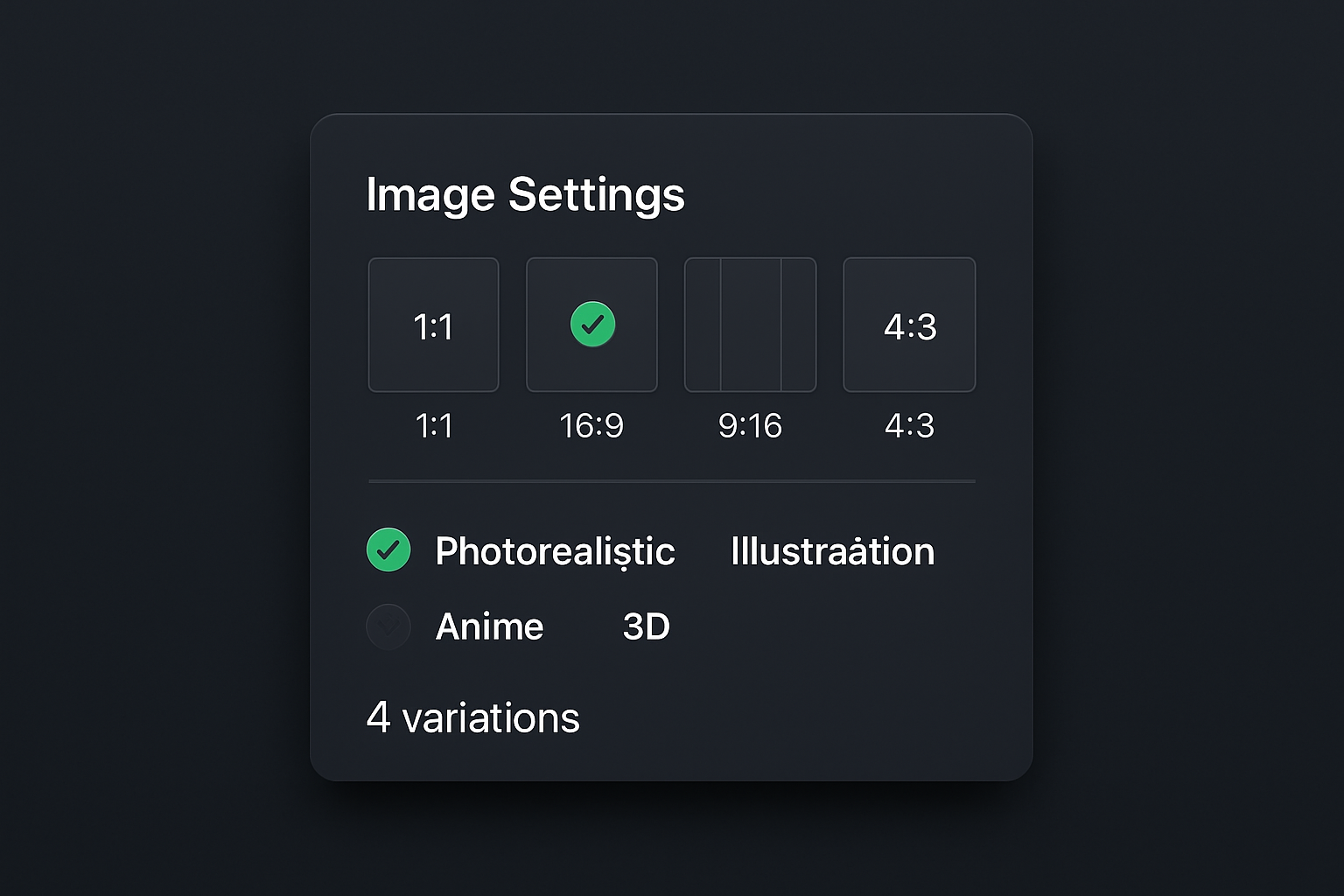 Aspect ratio, style, and variation settings