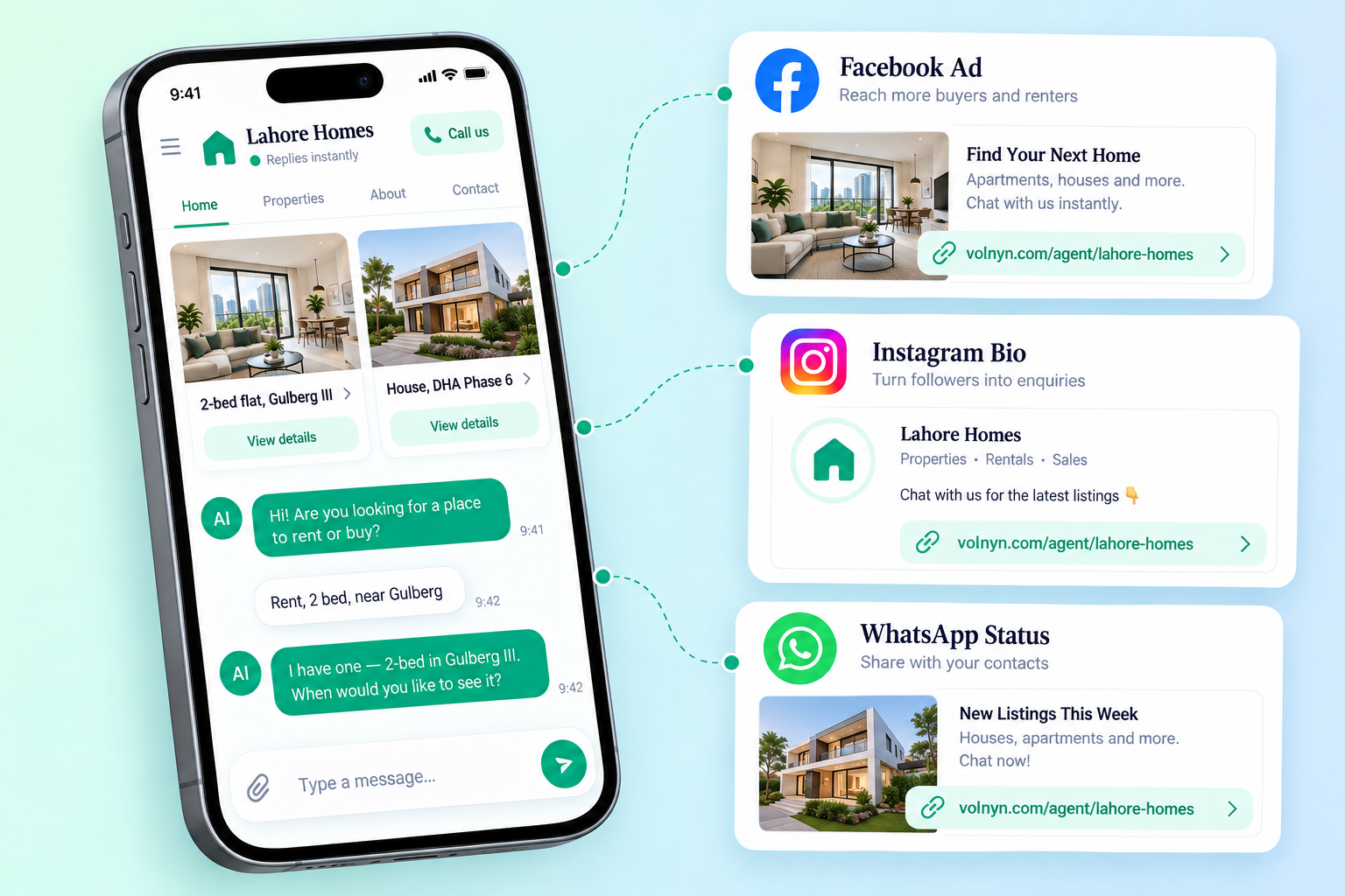 The leasing agent chat link on a phone: listings with the chat beside them