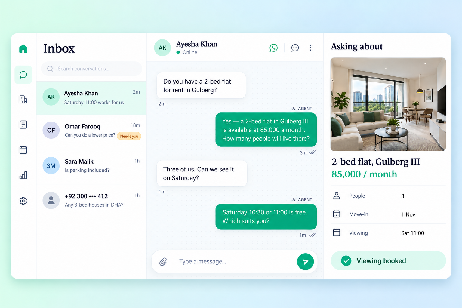 AI Leasing Agent inbox: a renter chat, the flat they asked about and their answers