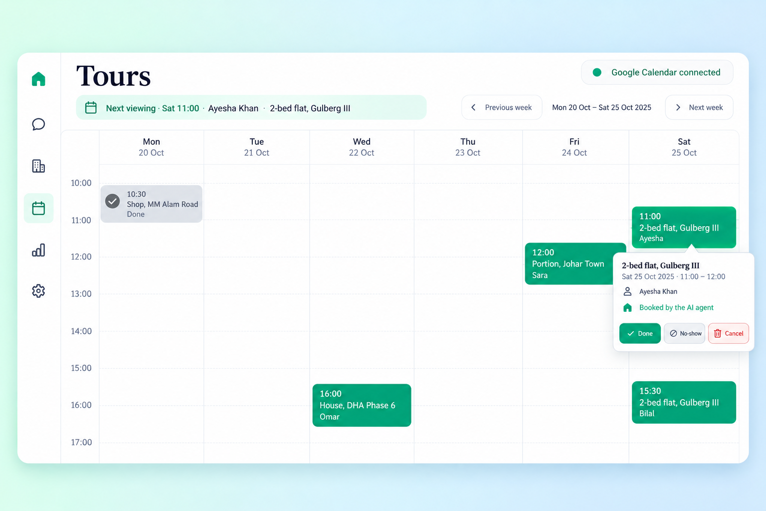 Tours: a week calendar of viewings booked by the AI leasing agent