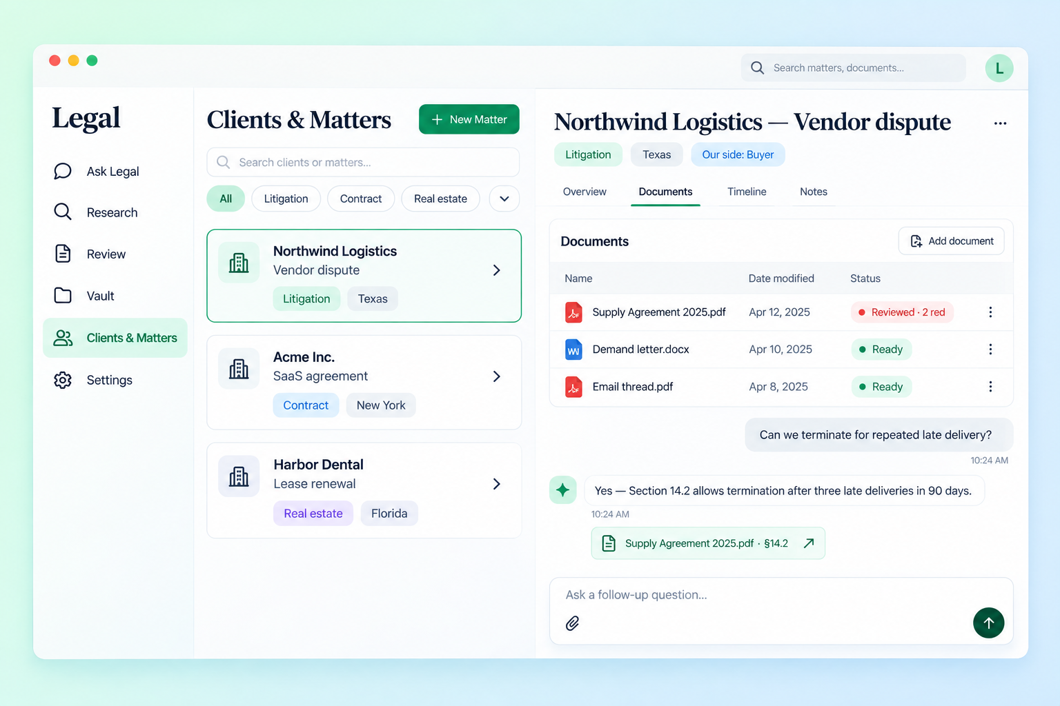 A client matter with its documents, review and chat thread