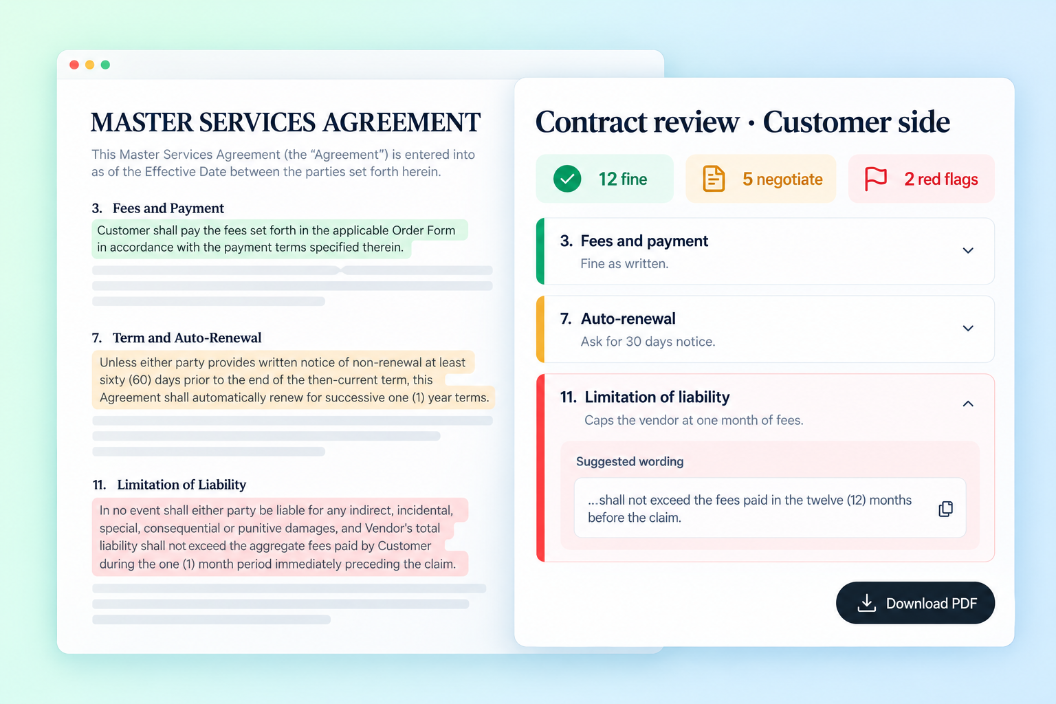 Contract review with clauses marked green, yellow and red