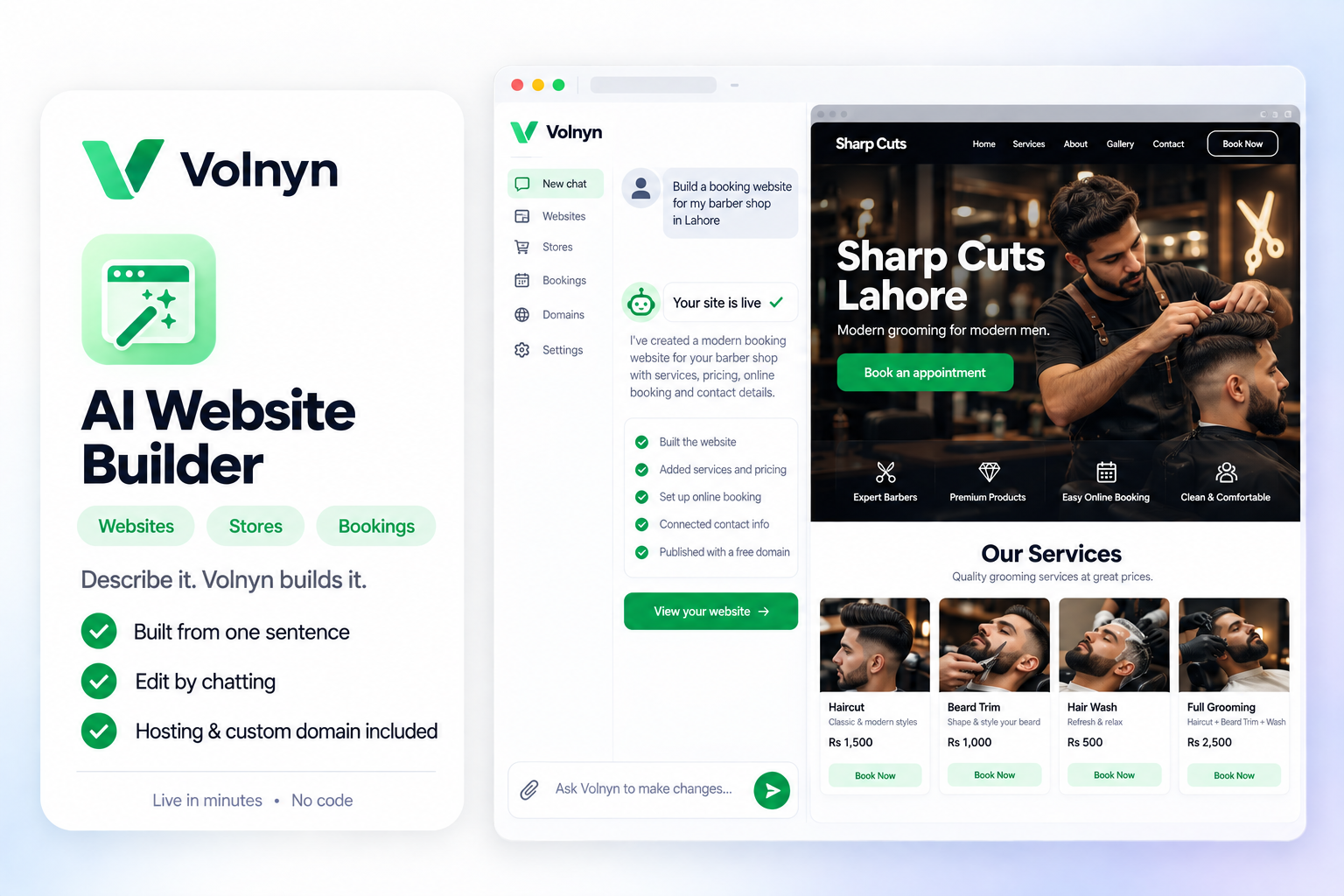Volnyn AI builder turning a chat prompt into a live website